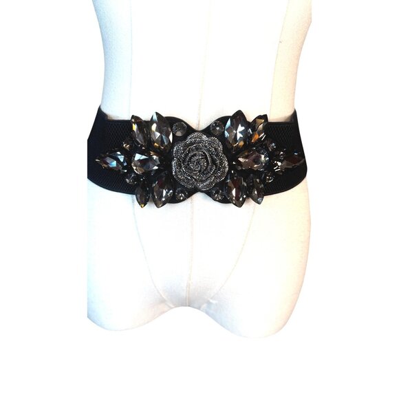 NEW 2/$30 Vintage Style Black/Silver Rose Rhinestone Stretch Belt Snap Closure - Picture 4 of 9